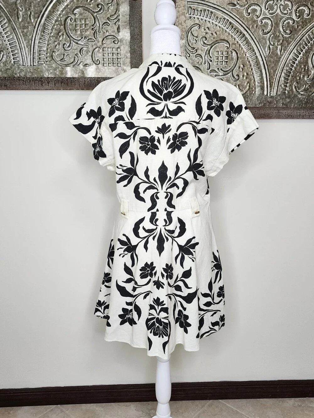 Zara Cream & Black Floral Linen Blend Button-Front Fit-and-Flare Dress Large - Picture 12 of 16
